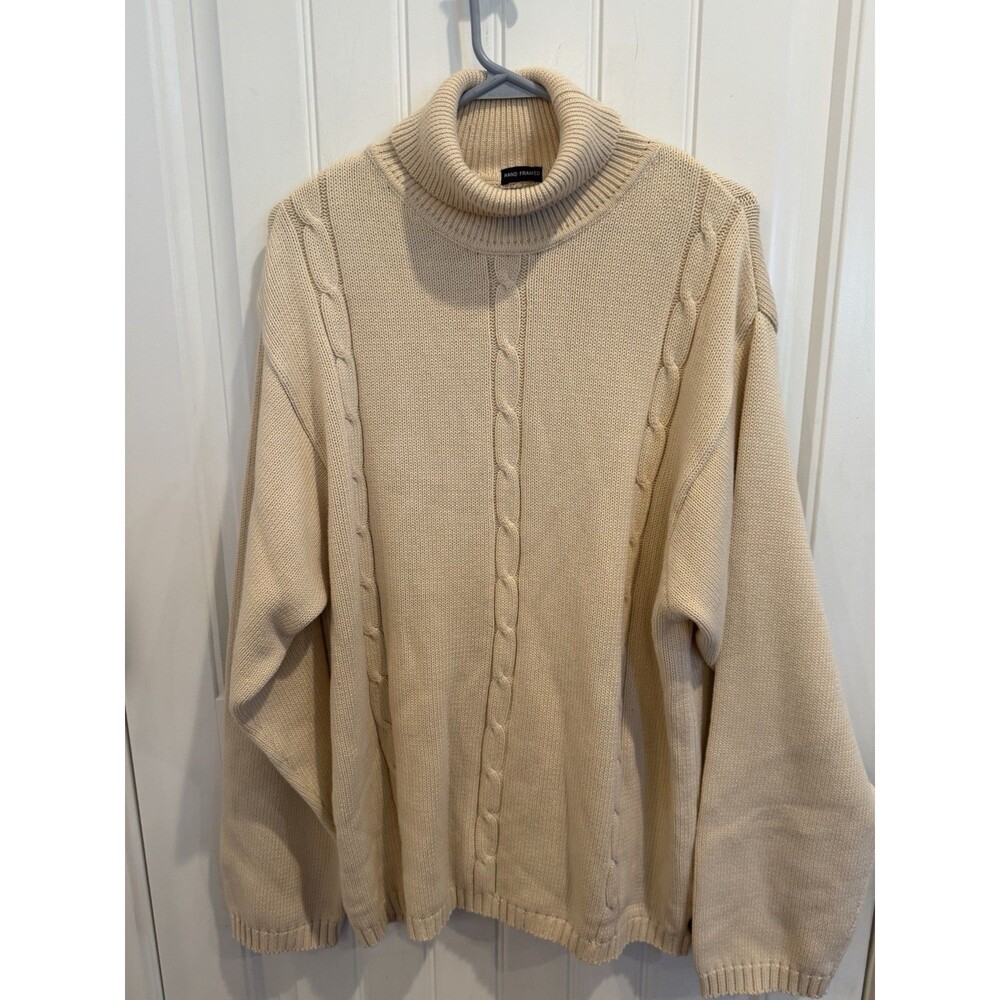 CHAPS Ralph Lauren XXL Cream Cotton Cable Knit Turtleneck Sweater Hand Framed